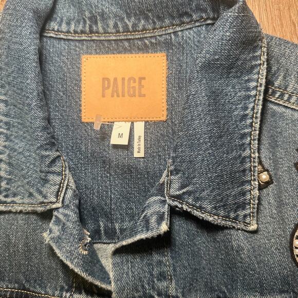 Paige “Ciao Baby!” Embellished Denim Jacket Women’s M Blue Pearl Rhinestone Jean - Picture 8 of 13